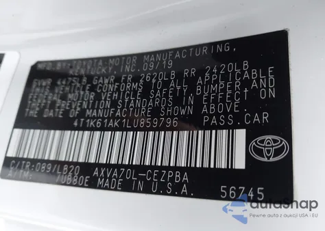 2020 Toyota Camry Xse z USA, uszkodzony, nr VIN 4T1K61AK1LU859796